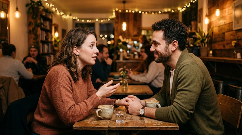 Two people deeply engaged in an empathetic conversation