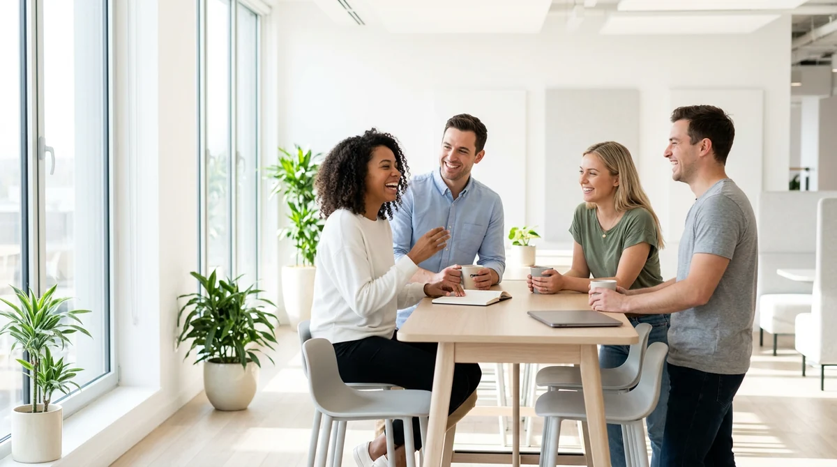 People having a relaxed, positive interaction in a bright room