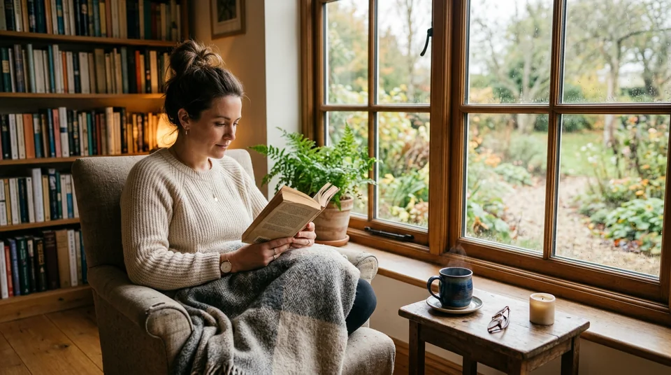 A calm, solitary moment reading by a window