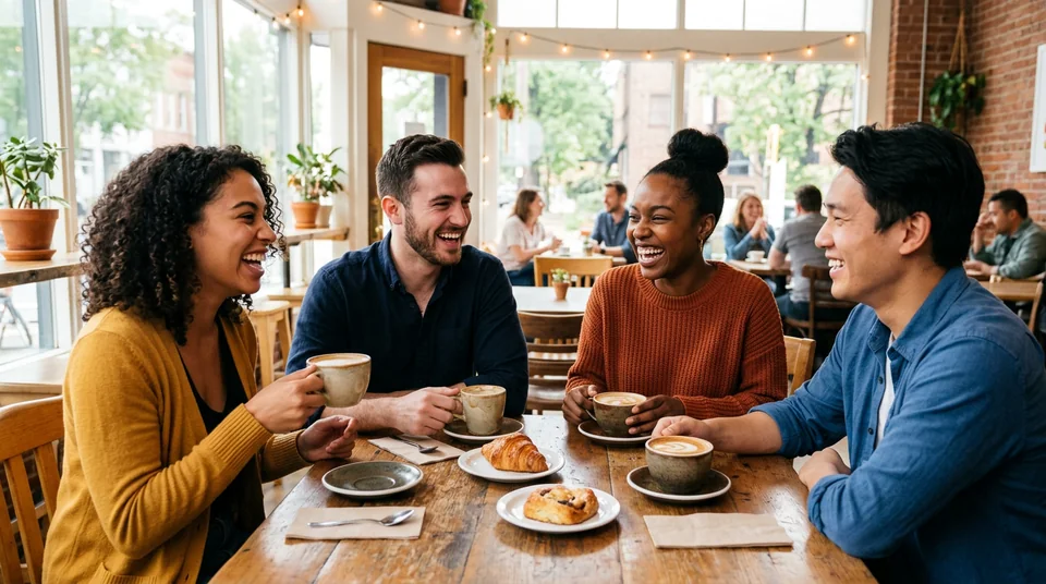 Friends laughing warmly over coffee